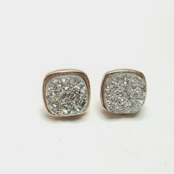 Vintage Sparkly Silver Tone and Rose Gold Tone Setting Square Stud Earrings - Picture 6 of 6